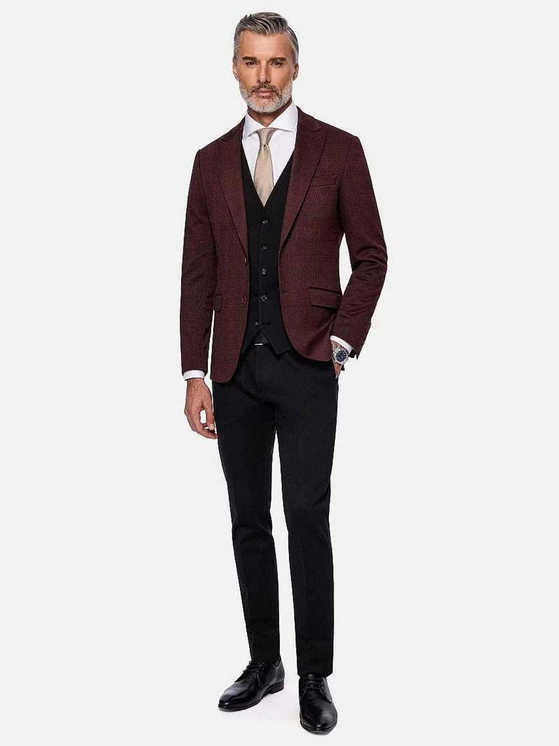 Wam Denim Gilets<Red Wood Glen Check Slim Fit Dark Red Black Suit Gilet